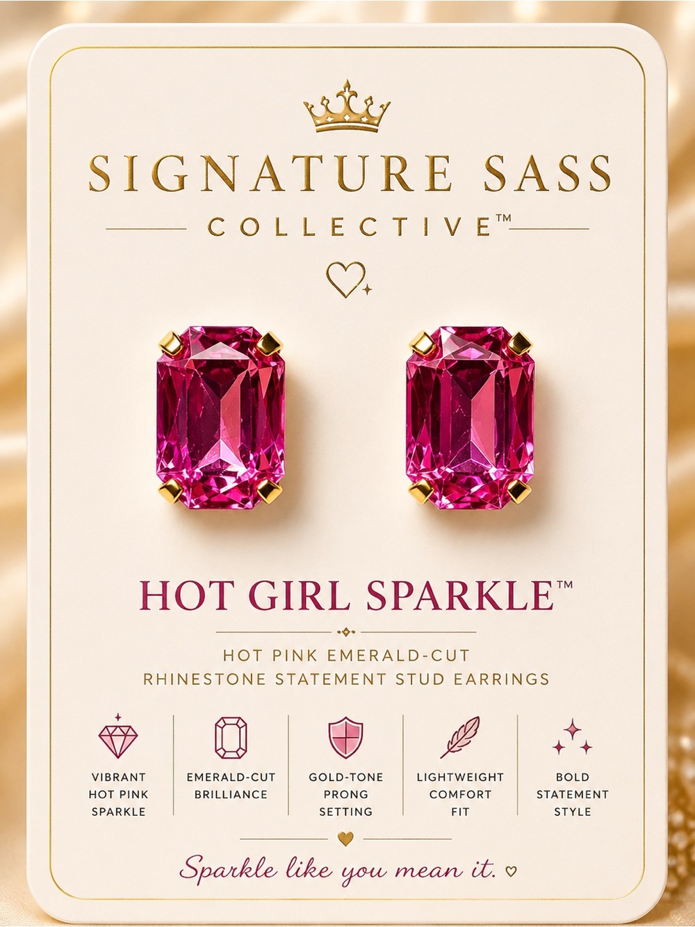 Signature Sass Hot Pink Emerald-Cut Rhinestone Stud Earrings